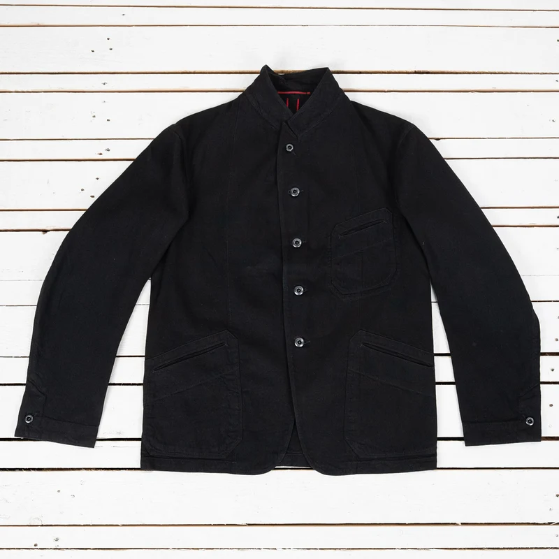 Peak Lapel Denim Lounge Jacket Cotton Hemp Lightweight Denim Black