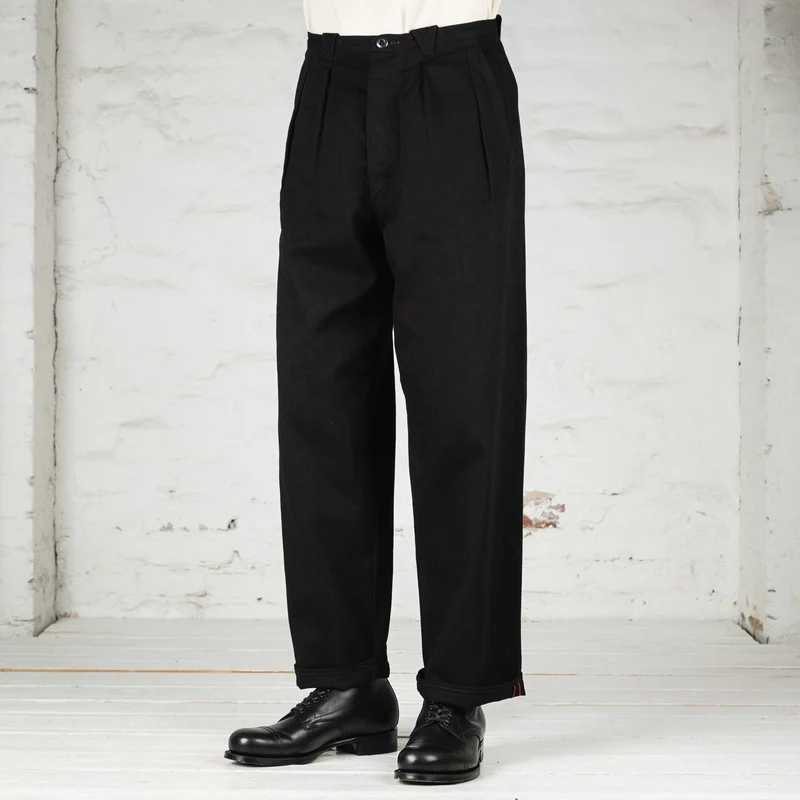 Pleat Denim Trousers Cotton Hemp Lightweight Denim Black