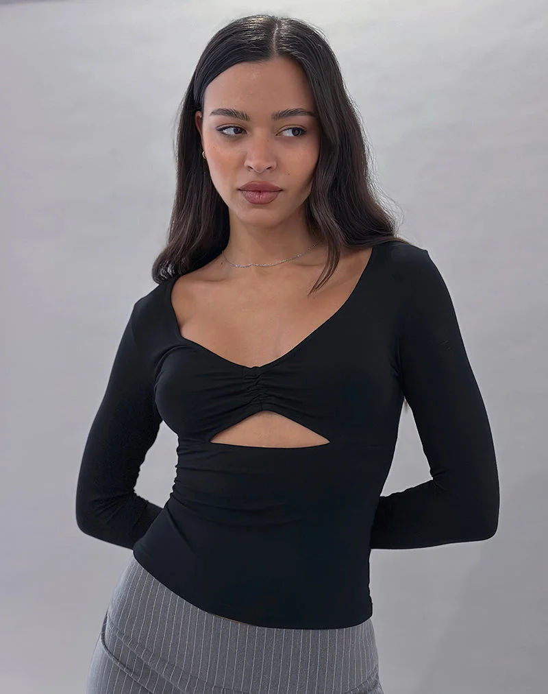 Nyala Langärmeliges Top mit Ausschnitt aus Rayon Jersey Schwarz