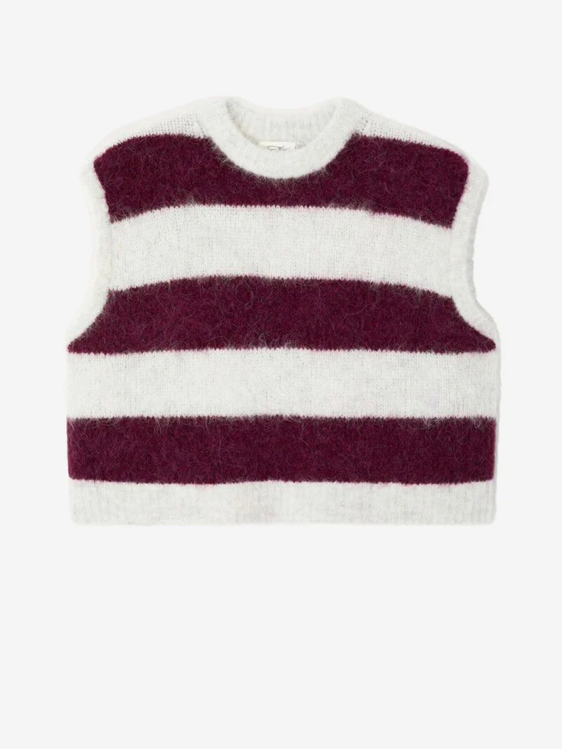 Maglione senza maniche in misto alpaca a righe cranberry