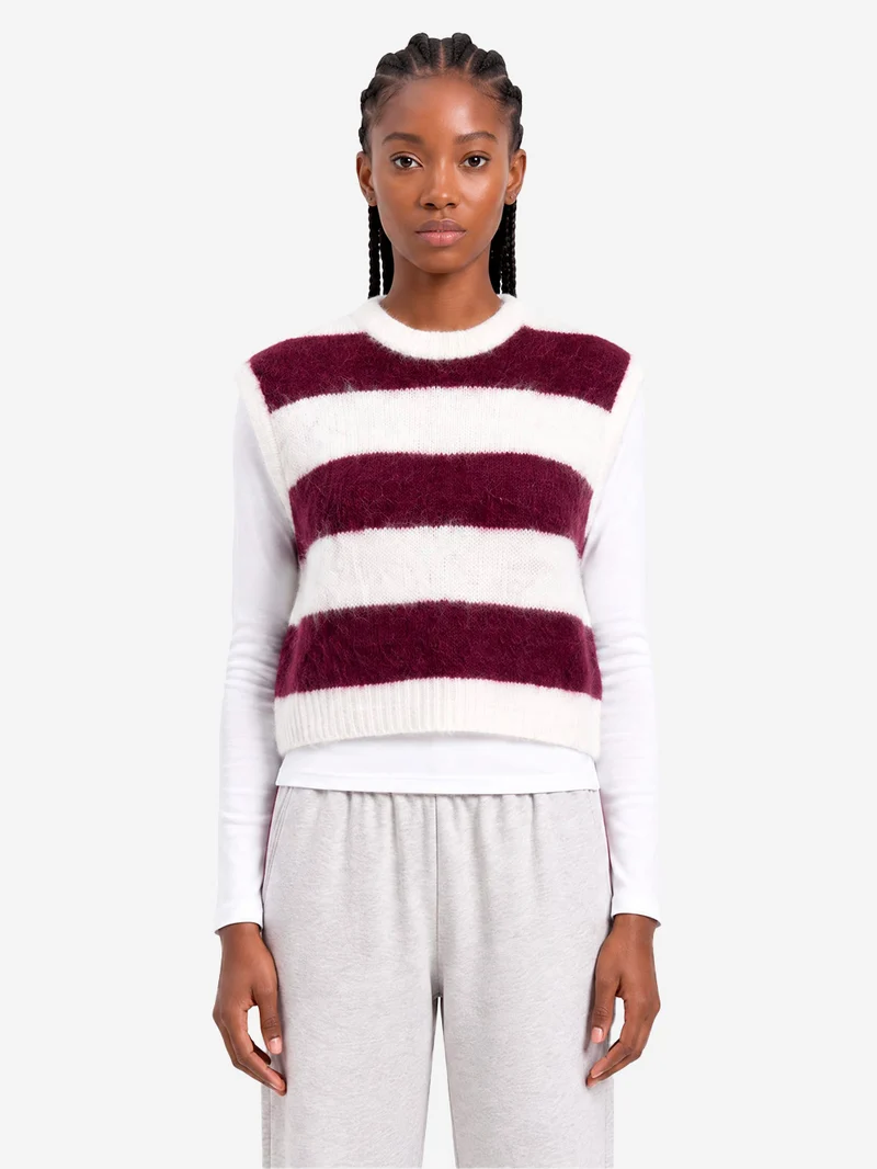 Maglione senza maniche in misto alpaca a righe cranberry