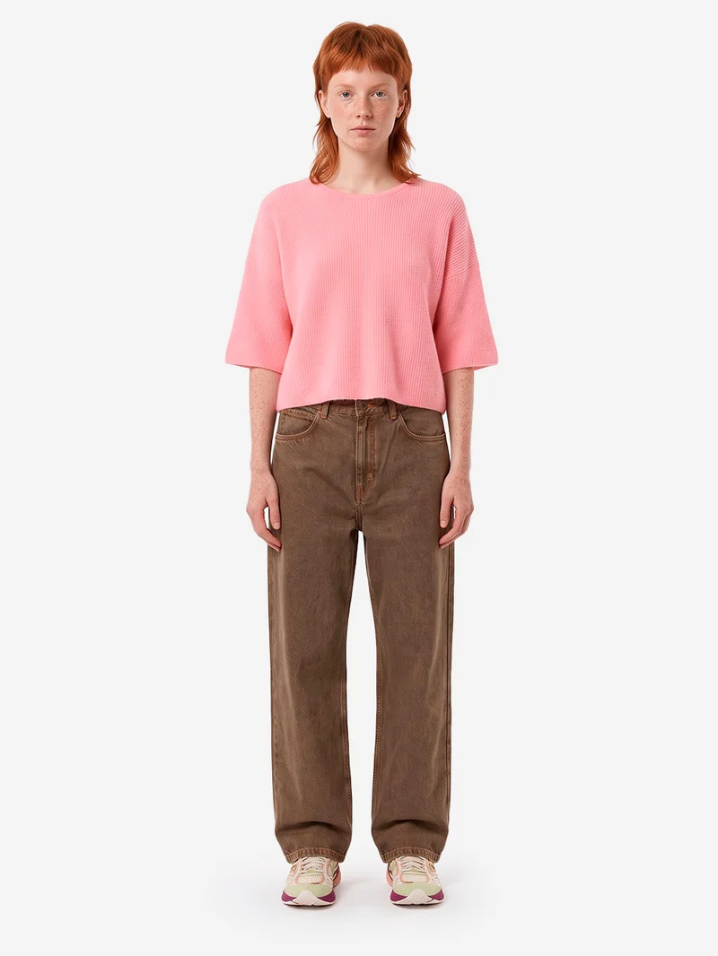 Maglione rosa a coste in misto lana con maniche a 3/4