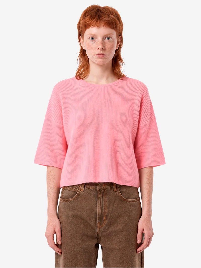 Maglione rosa a coste in misto lana con maniche a 3/4