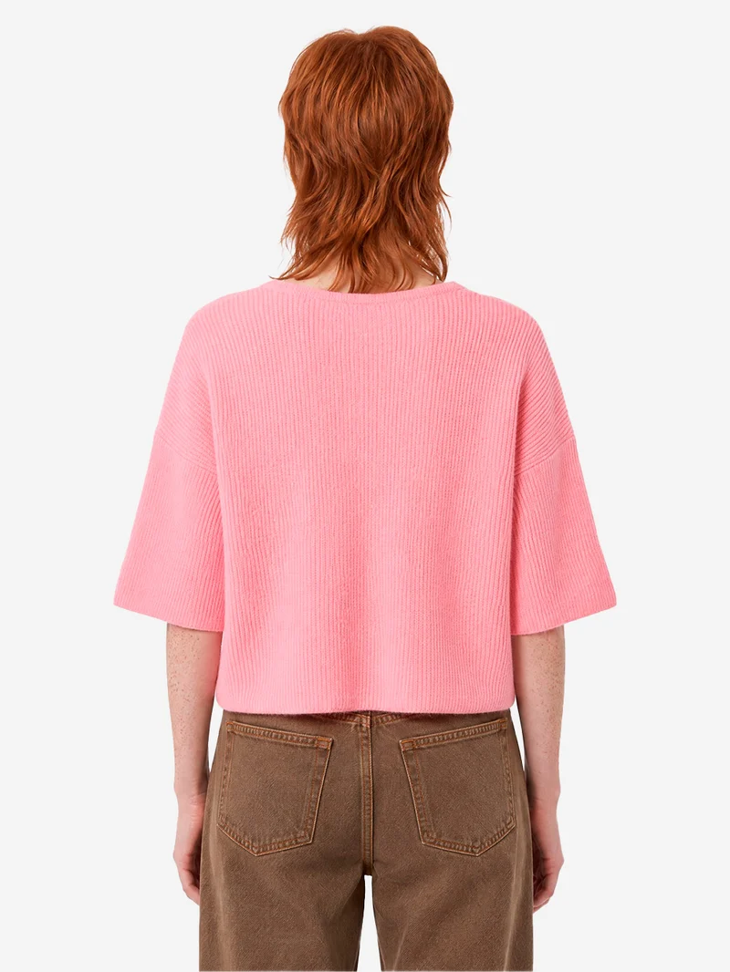 Maglione rosa a coste in misto lana con maniche a 3/4