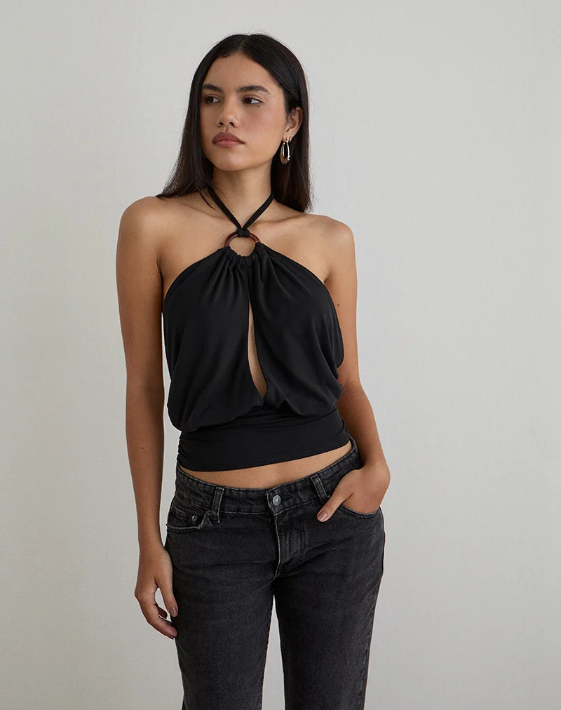 Karise Tiefes Top aus Cupro Schwarz
