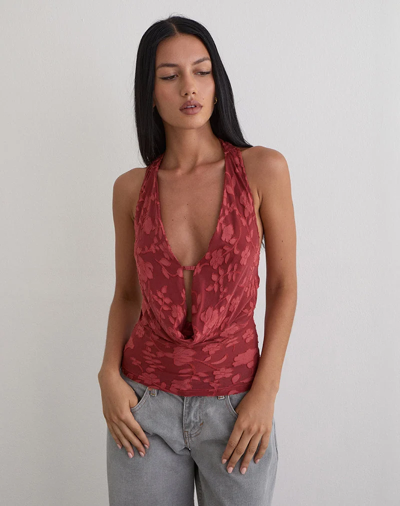 Yukari Tiefes Oberteil aus Burnout-Mesh Rot