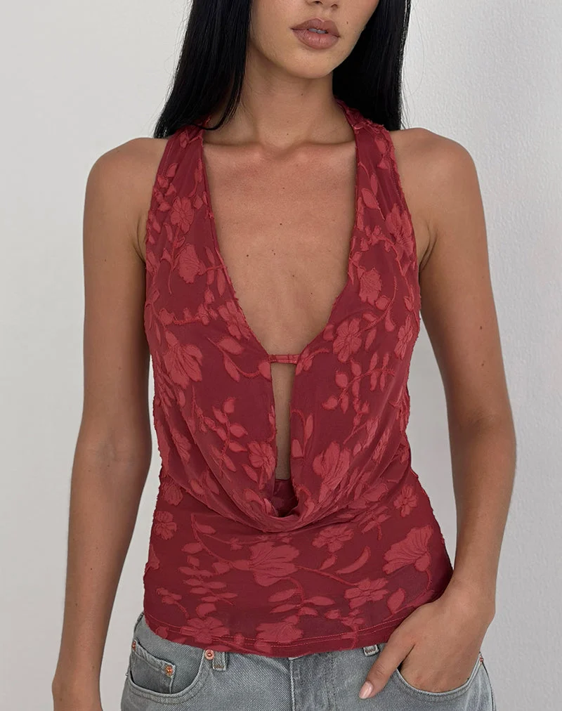 Yukari Tiefes Oberteil aus Burnout-Mesh Rot
