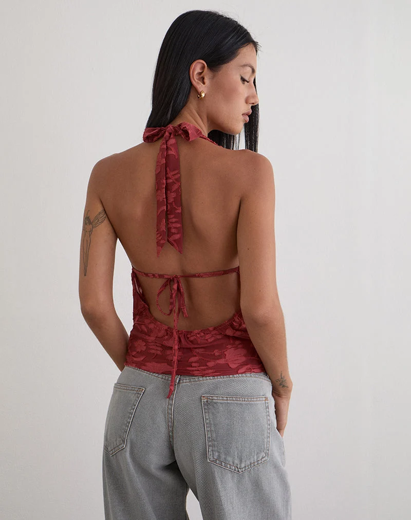 Yukari Tiefes Oberteil aus Burnout-Mesh Rot