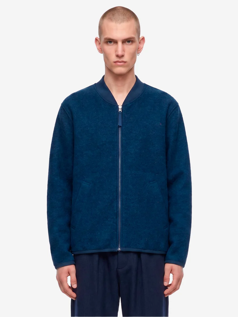 Bomber blu indigo in lana con zip