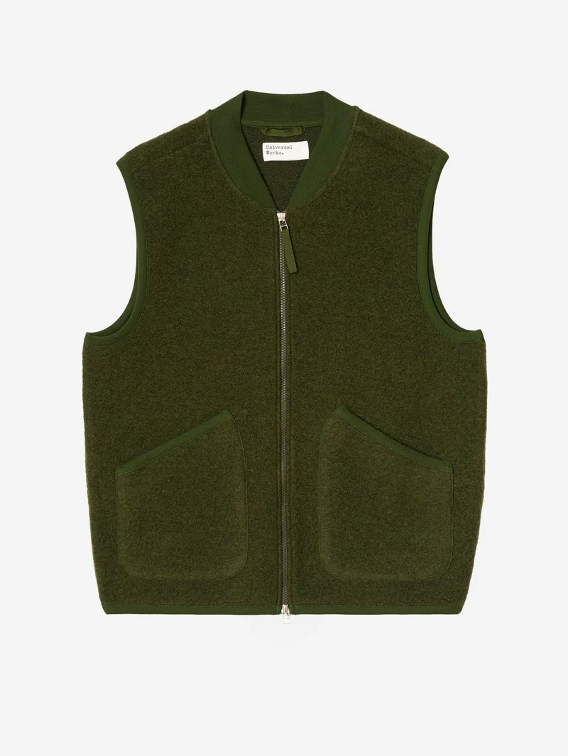 Gilet oliva in fleece di lana con zip