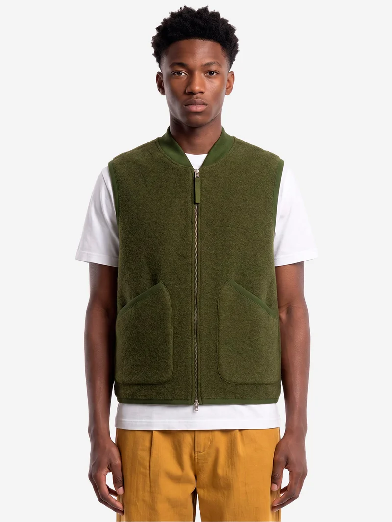Gilet oliva in fleece di lana con zip