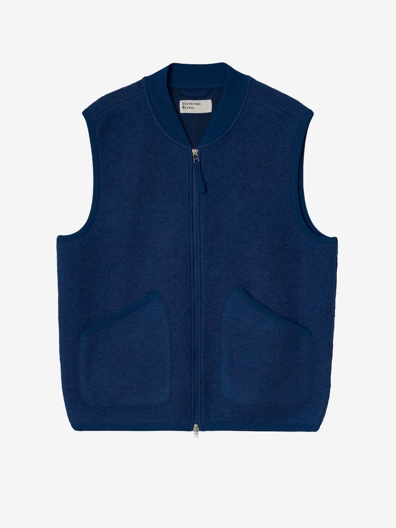 Gilet indigo in fleece di lana con zip