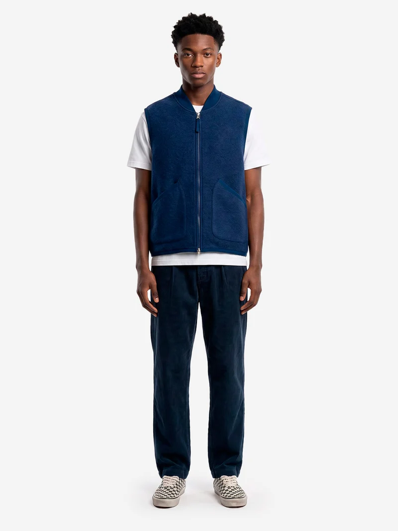 Gilet indigo in fleece di lana con zip