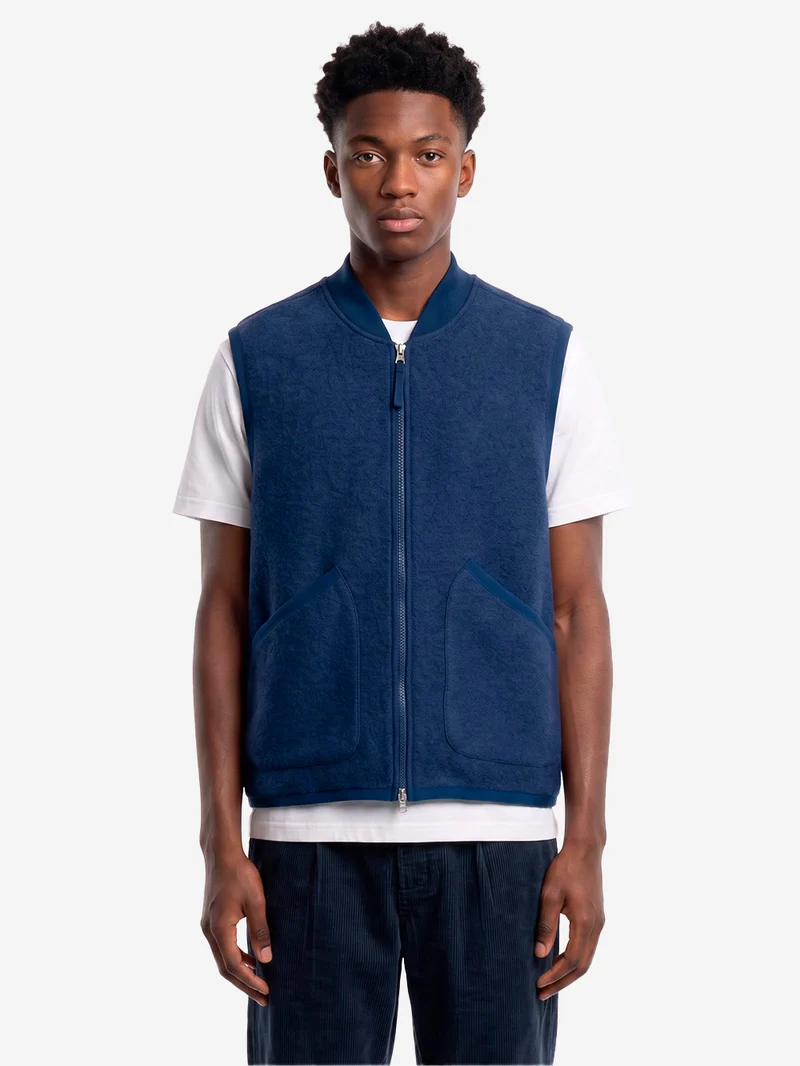 Gilet indigo in fleece di lana con zip