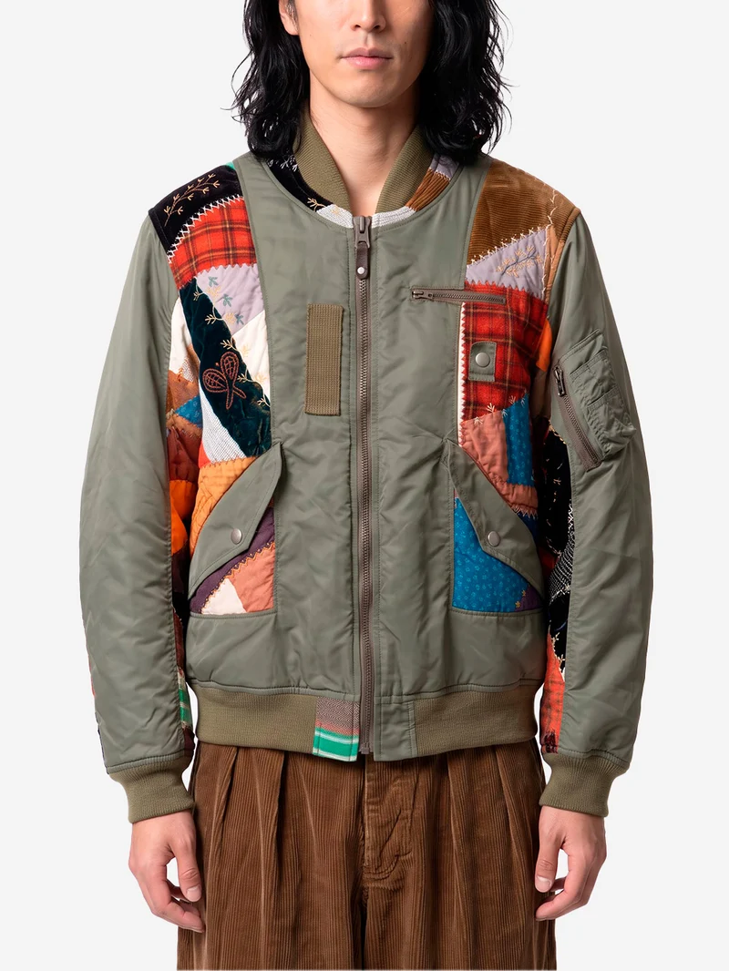 Giacca Bomber Quilt khaki con patchwork