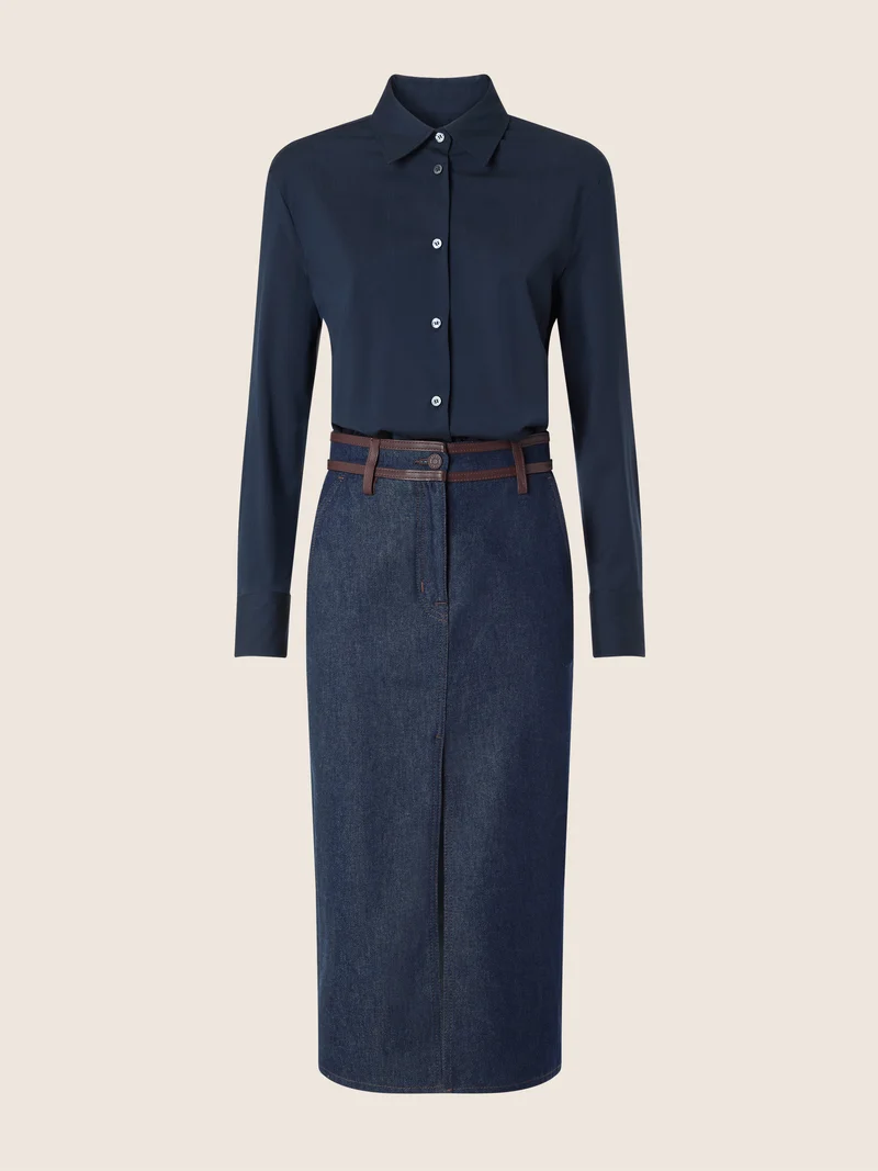 Mixed-Material Wool-Cashmere and Denim Dress