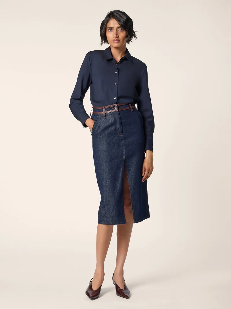 Mixed-Material Wool-Cashmere and Denim Dress