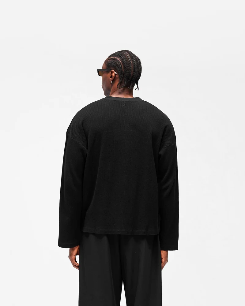 Initial Henley Waffle Long Sleeve T-Shirt - Jet Black