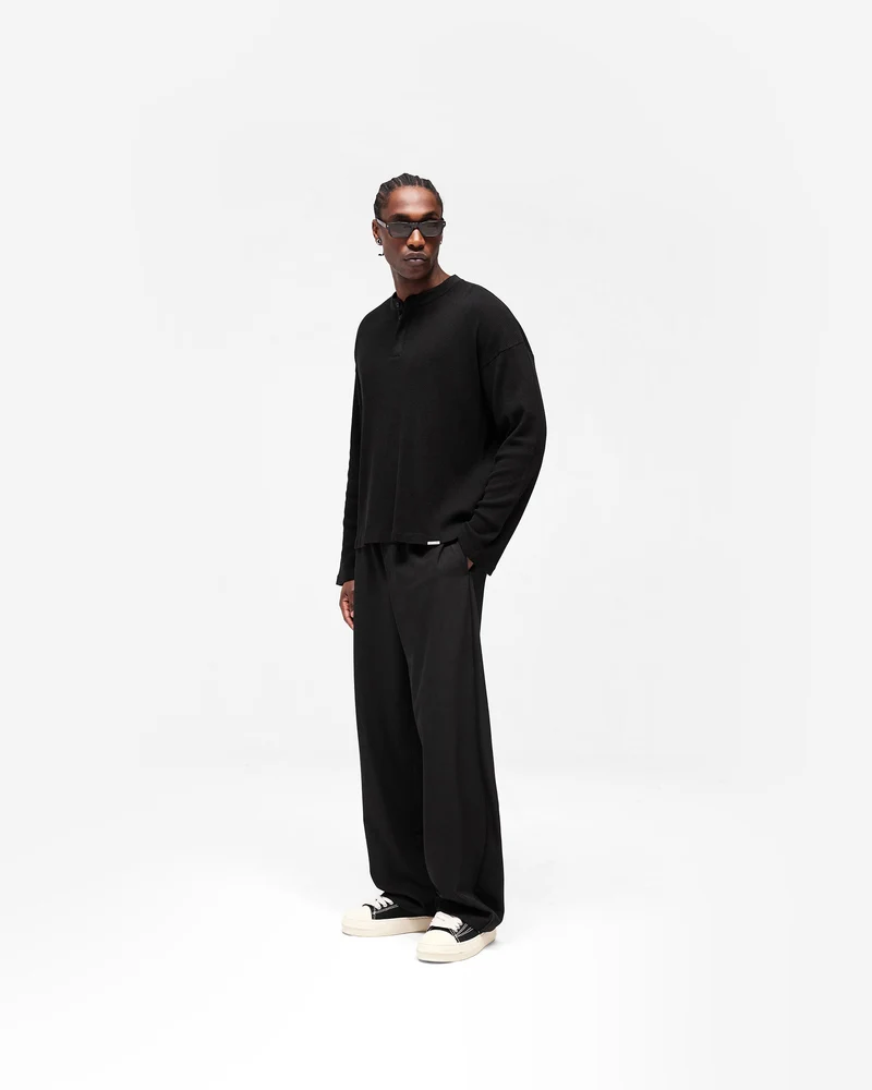 Initial Henley Waffle Long Sleeve T-Shirt - Jet Black