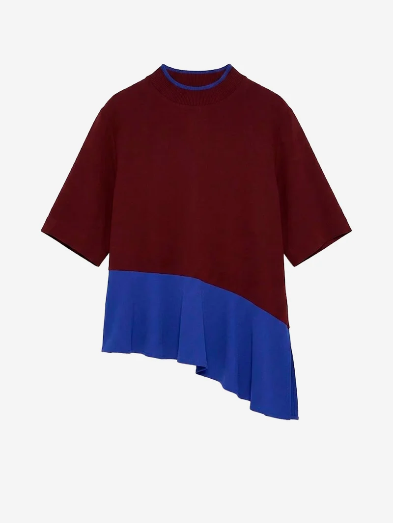 Maglia a Strati Color-Block Bordeaux e Blu in misto acetato