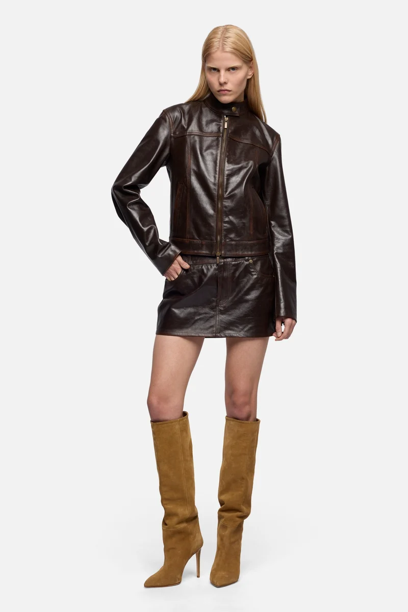 CROPPED BIKER JACKET in Leather Vintage Brown