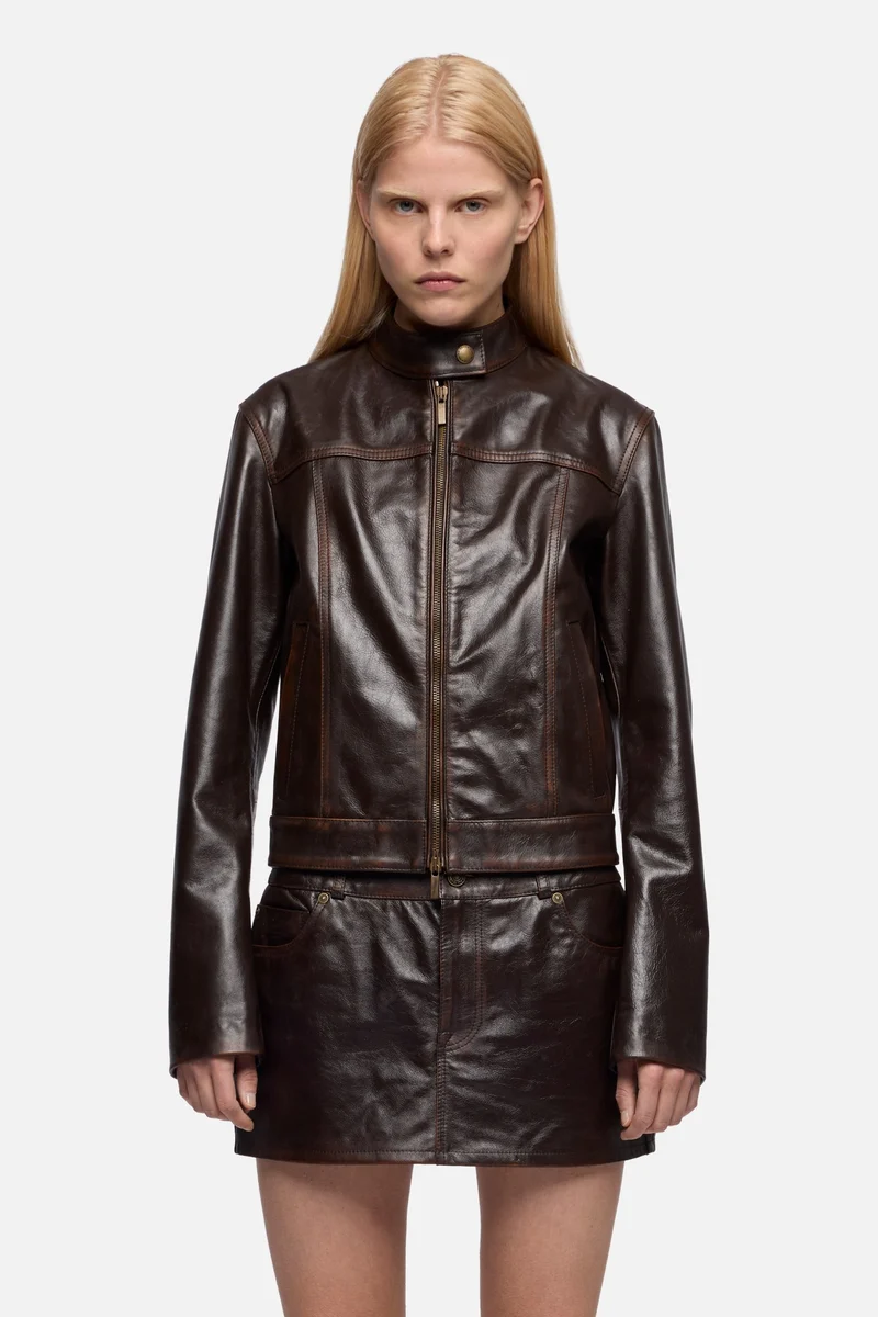CROPPED BIKER JACKET in Leather Vintage Brown