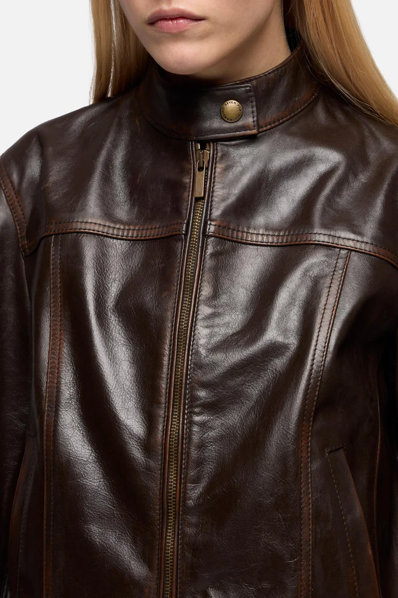 CROPPED BIKER JACKET in Leather Vintage Brown
