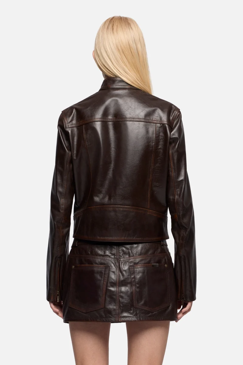 CROPPED BIKER JACKET in Leather Vintage Brown