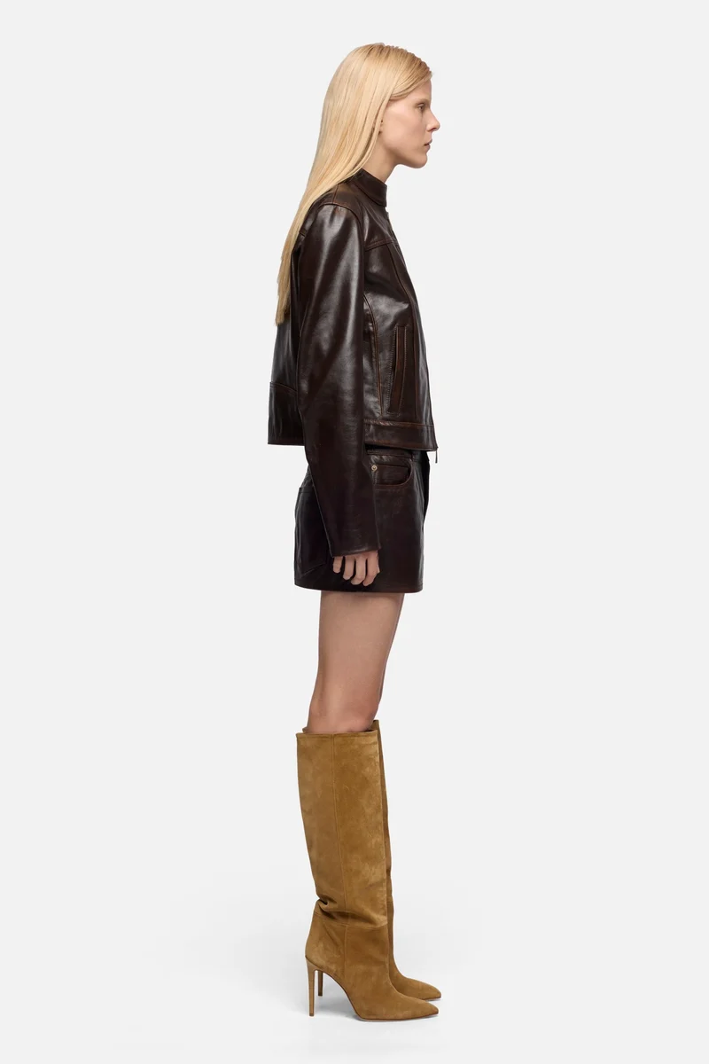 CROPPED BIKER JACKET in Leather Vintage Brown