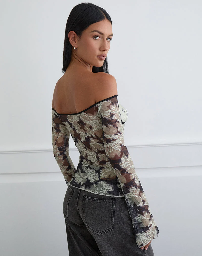 Laluna Top in Silhouette Leaf Elfenbein Schwarz