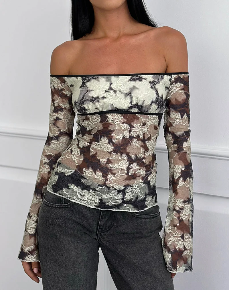 Laluna Top in Silhouette Leaf Elfenbein Schwarz
