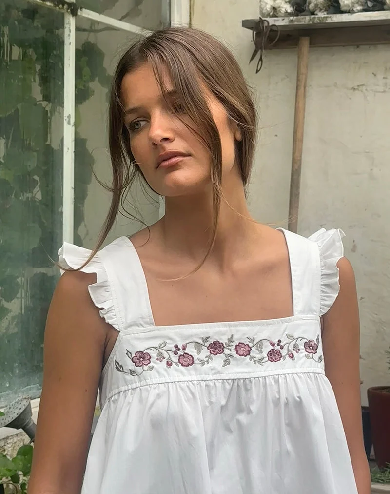 Sanaly Minikleid aus weißem Popeline mit Kirschblüten-Stickerei
