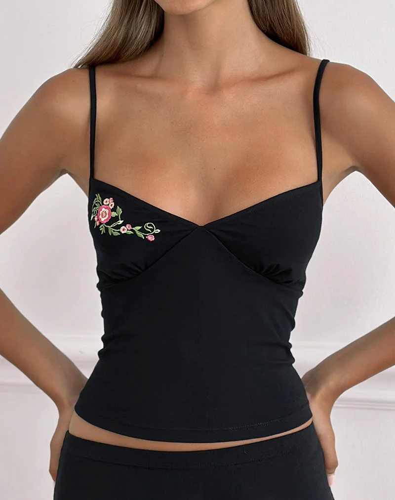 Morty Cami-Top in Schwarz mit verschnörkelter Blumenstickerei