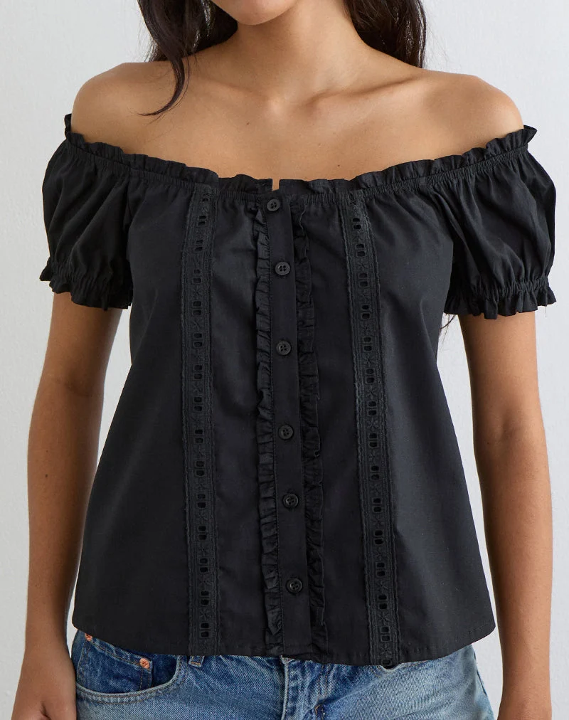Tempest Bardot Oberteil mit Puffärmeln aus Popeline, schwarz