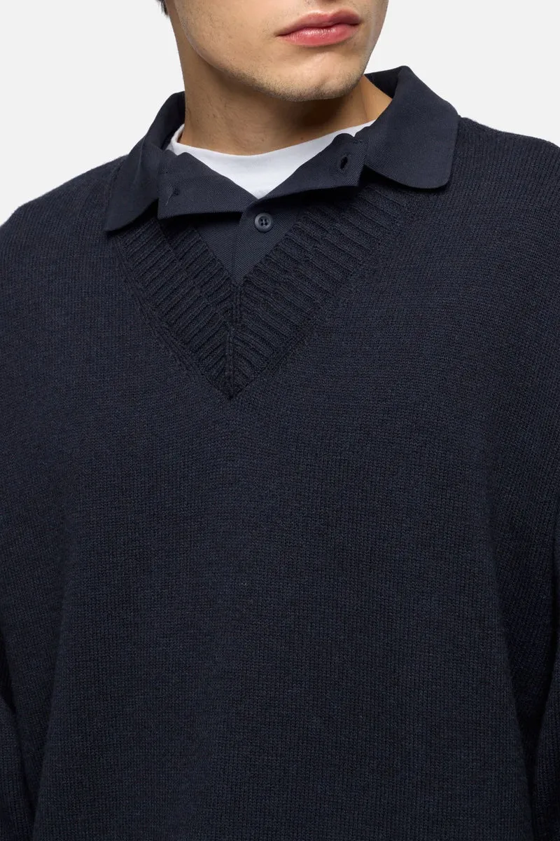DOUBLE LAYER V-NECK SWEATER in Wool Blend Midnight