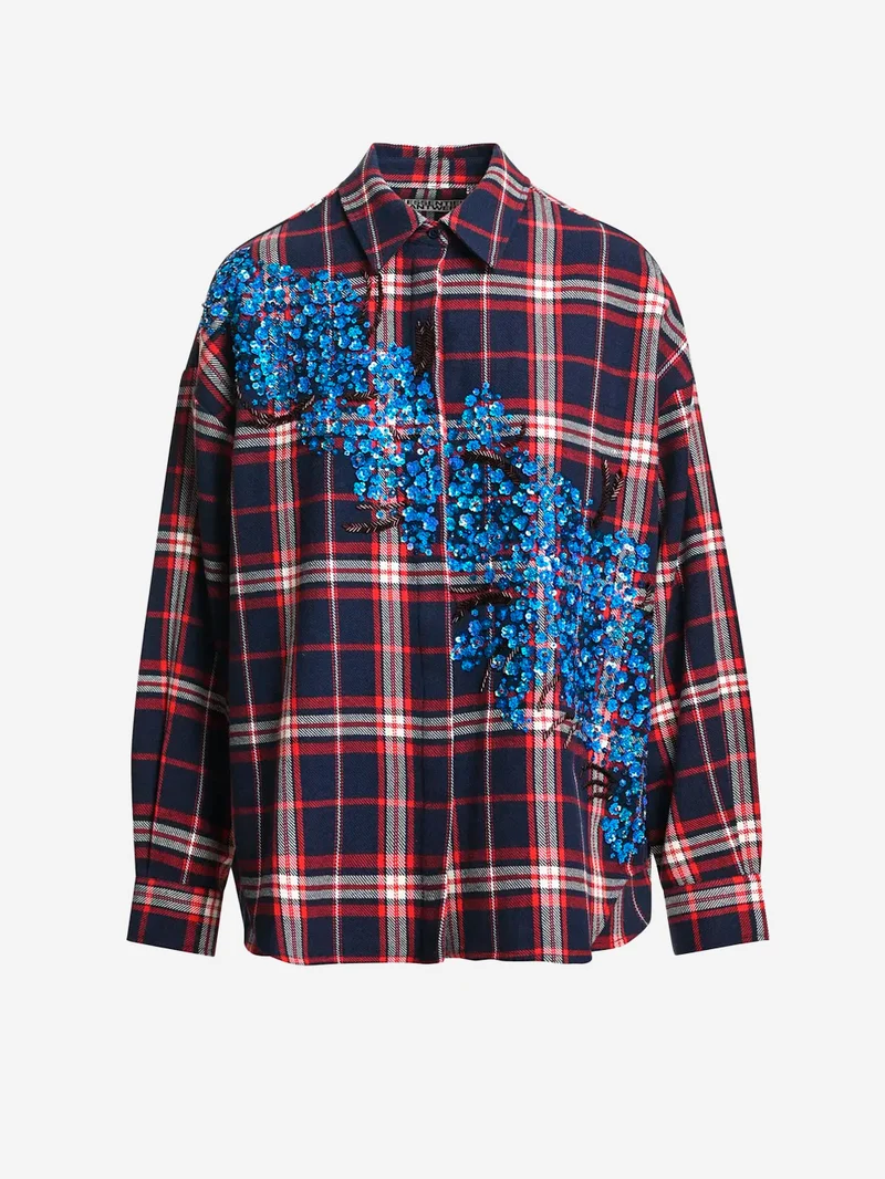 Camicia Oversize a Quadri rossi e blu con Paillettes