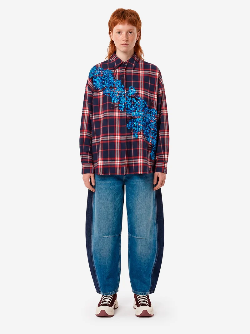 Camicia Oversize a Quadri rossi e blu con Paillettes