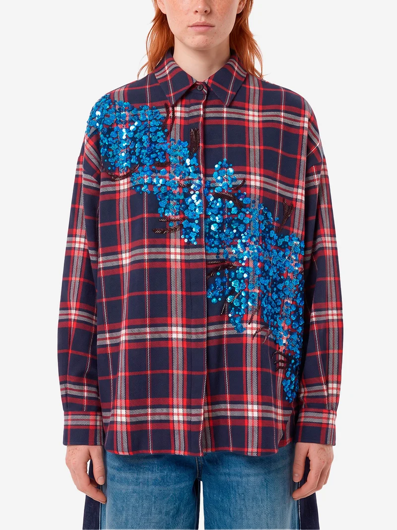 Camicia Oversize a Quadri rossi e blu con Paillettes