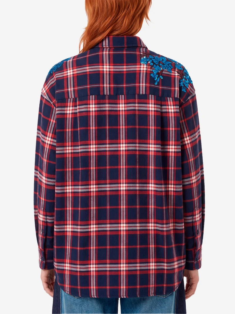 Camicia Oversize a Quadri rossi e blu con Paillettes