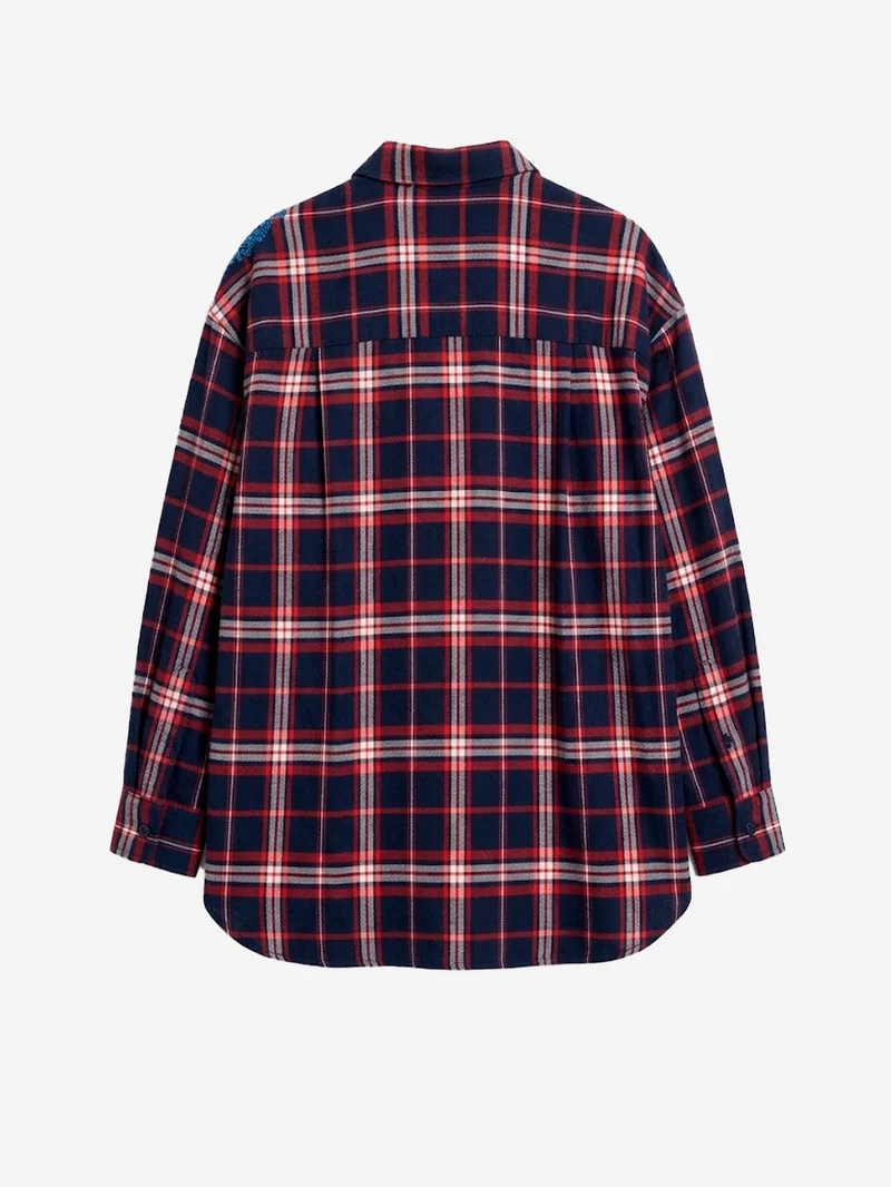 Camicia Oversize a Quadri rossi e blu con Paillettes