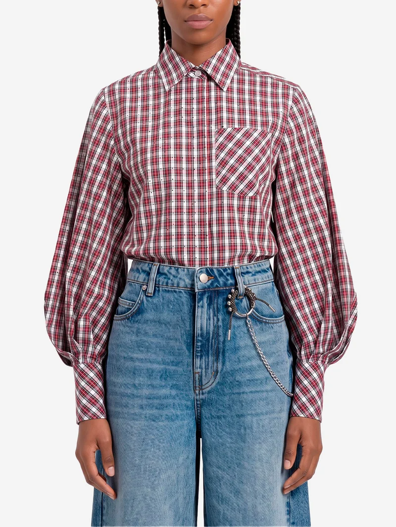 Camicia a quadri in cotone con strass