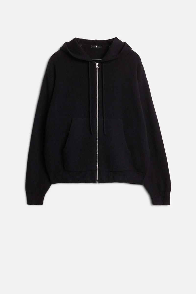 Cotton Wool Hooded Zip Sweater in Black