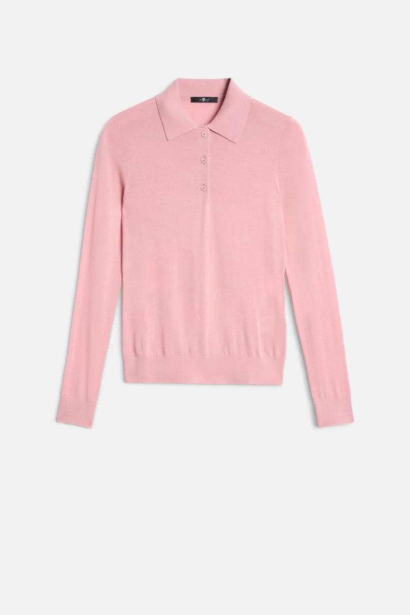Wool Long Sleeve Polo Sweater in Pink
