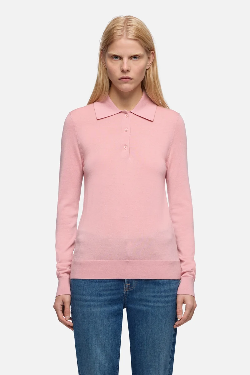 Wool Long Sleeve Polo Sweater in Pink