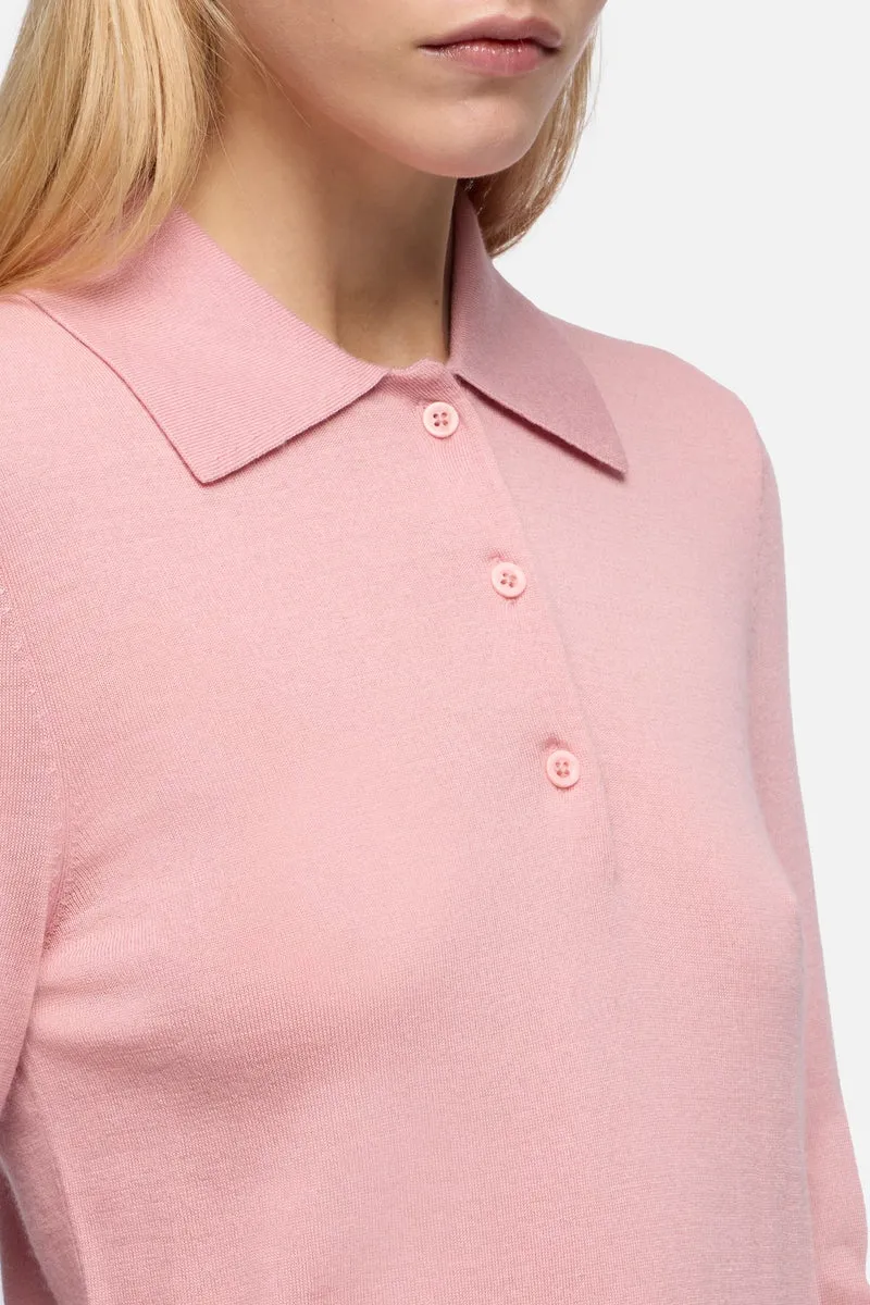 Wool Long Sleeve Polo Sweater in Pink