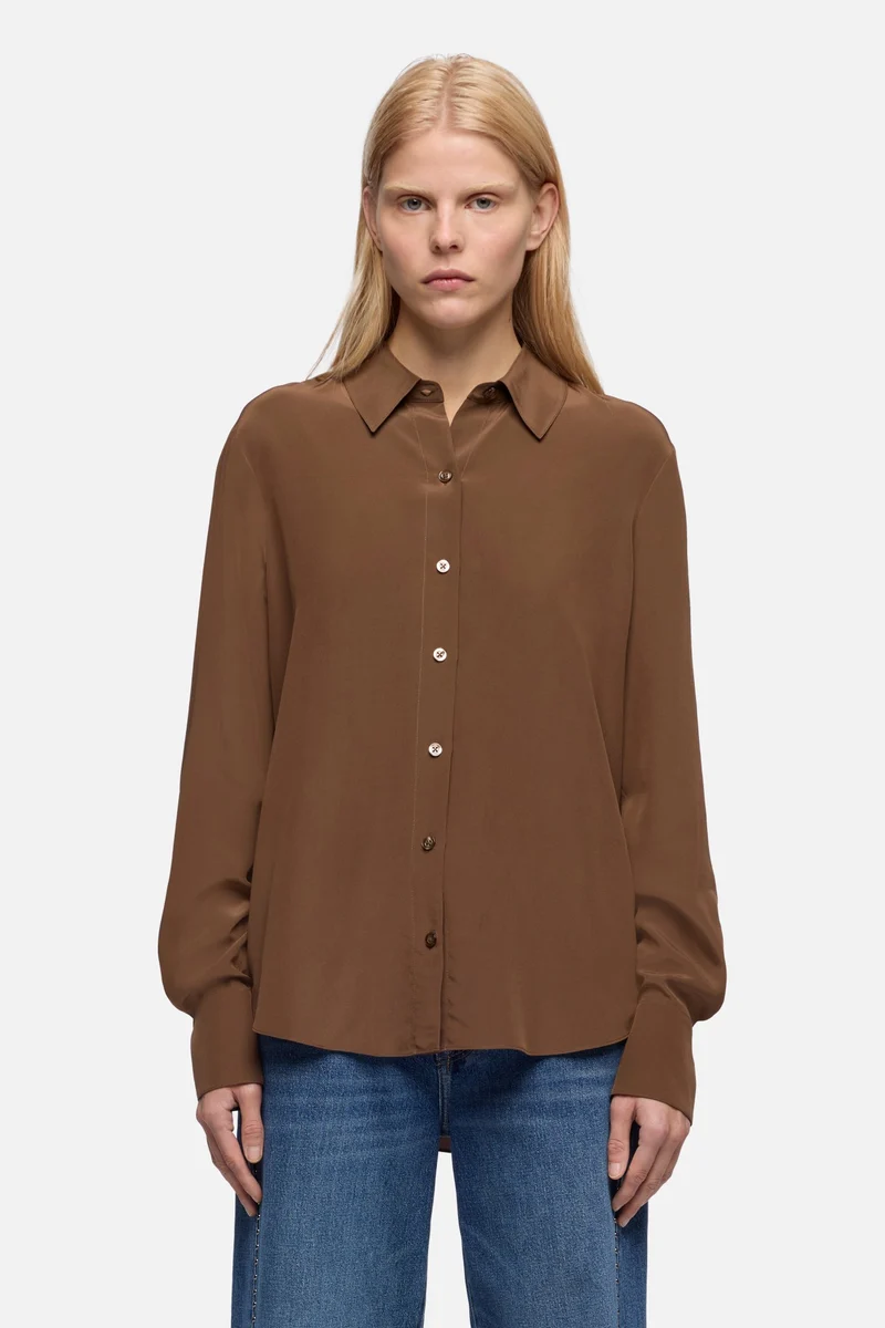 Long Sleeve Silk Blouse in Cocoa