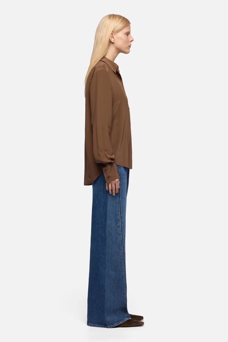 Long Sleeve Silk Blouse in Cocoa