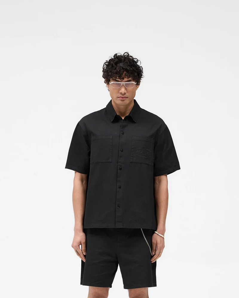 Short Sleeve Cotton Overshirt - Washed Black