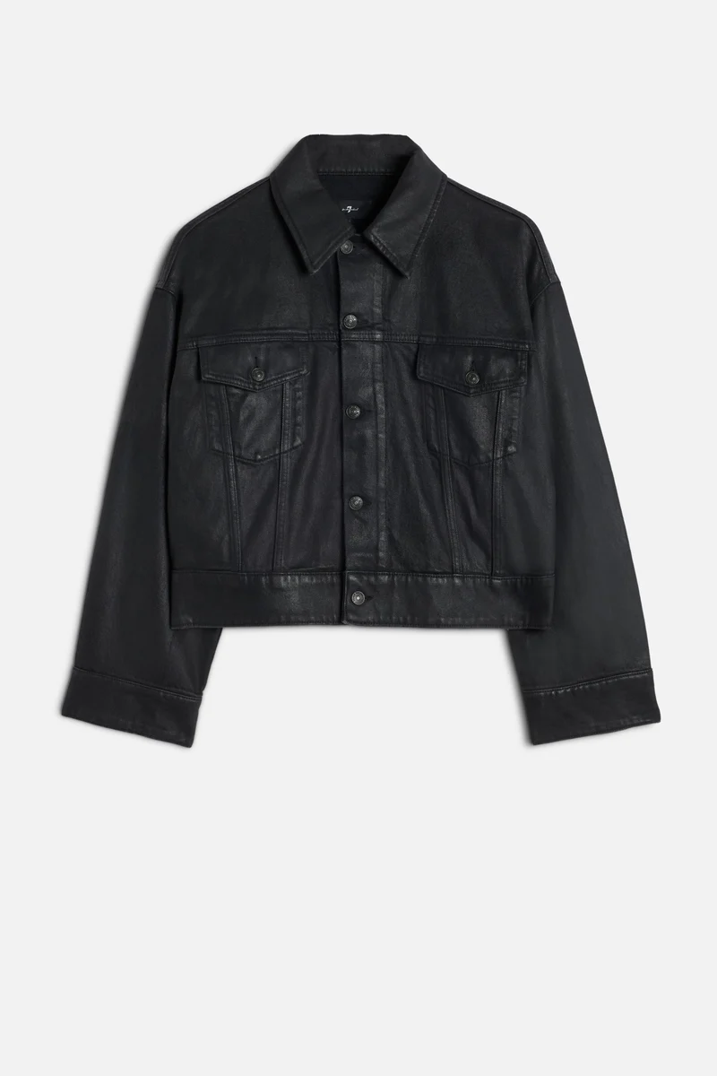 Oli Cropped Trucker Jacket in Coated Blackcat
