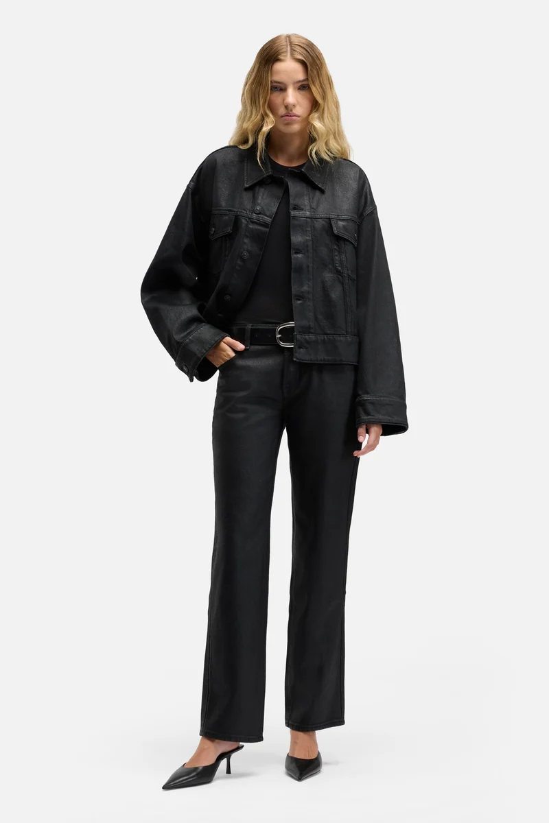 Oli Cropped Trucker Jacket in Coated Blackcat